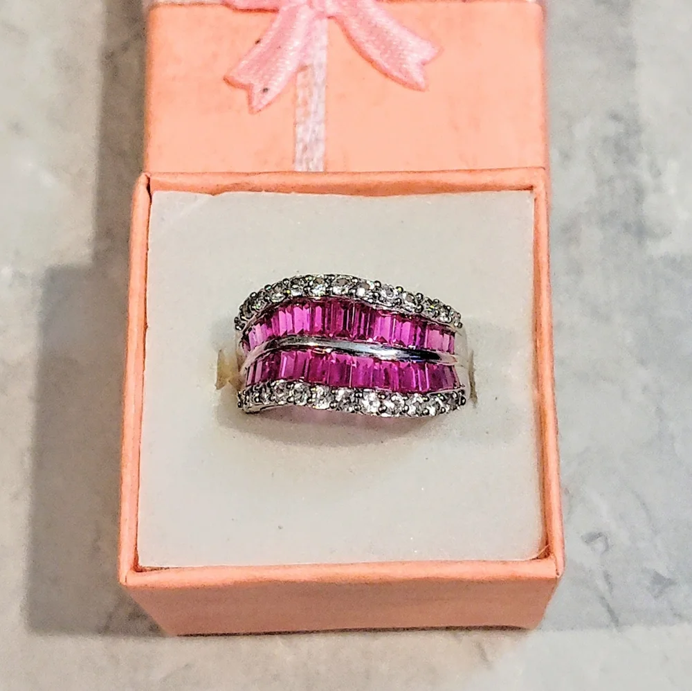STERLING SILVER RUBY & DIAMOND RING BAGUETTE CUT RUBY & ROUND CUT DIAMONDS 8½ - Picture 3 of 16